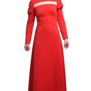 Vintage red long sleeve maxi dress handmade with lace details and high neck